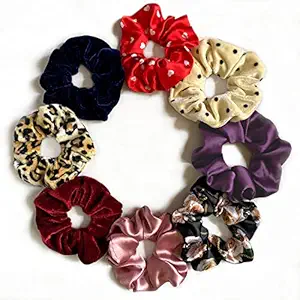 Silvr Bear Designer Luxury Scrunchies for Women/Girls | Set of 8 | Same Colors As Pic | Plain & Printed Satin & Velvet Pack | Best Gift for Sister, Girlfriend, Wife | Designer Edition | Multi-Color