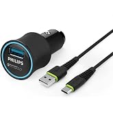 PHILIPS DLP3520C USB Ara&ccedil; İ&ccedil;i Şarj Adapt&ouml;r&uuml; QC3.0 Siyah (1 &Ccedil;ıkış) + USB - Type-C Şarj Kablosu 1.2m Siyah