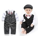 G-Kids Baby Jungen Strampler Smoking Gentleman Anzug Langarm Outfits Herbst-Frühling Kleidung Jumpsuit Spielanzug Fliege Taufkleidung mit Hut (Schwarz, 80/6-9 Monate)