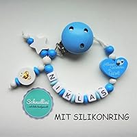 💙 Schnullerkette mit Namen Herz Kleines Wunder der Welt Gravur Geschenk Taufe Geburt inkl. Silikonring (Adapter) individuell Stern | Junge blau Namenskette