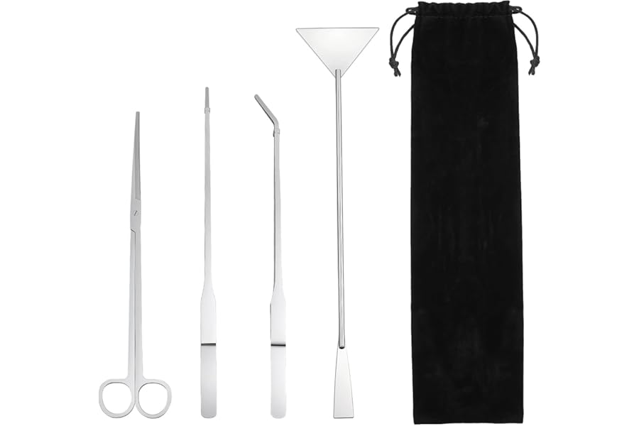 Aquarium Aquascape Tools Kit, 4 in 1 Anti-Rust Aquatic Plant Aquascaping Tool Stainless Steel Long Tweezers Scissors Spatula Tool Set for Aquarium Plants Clean Fish Tank (with Storage Pouch)