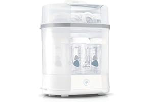 Chicco Esterilizador Eléctrico, Esterilizador de Biberones, Sacaleches y Chupete, con 3 Configuraciones y Apagado Automático, Apto para Microondas, Universal hasta 6 Biberones de 330 ml, Blanco