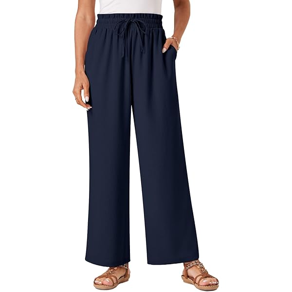 Glacspyg Damesbroek, flowy brede pijpen, vrijetijdsbroek, casual, strand, hoge taille, trekkoord, palazzo broek met zakken, wit, L