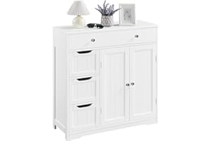 Yaheetech Meuble Rangement Salle de Bain, 4 Tiroirs 1 Placard avec 1 Plateau Réglable, 81 cm × 30 cm × 81,5 cm, Armoire Rangement Salon Entrée Cuisine Blanc