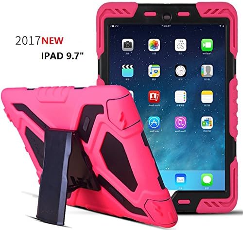 New iPad 9.7 inch 2017 Case, Bpowe Pepkoo Series Heavy Duty Cover Case Silicone Plastic Dual Layer Shock Proof Drop Proof Dust Proof Kids Proof With Kickstand For New iPad 9.7 inch 2017 (pink/black)