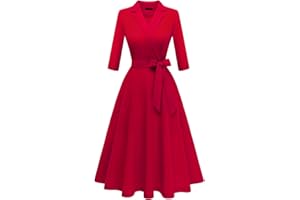 Meetjen Women's V-Neck Formal Dresses 3/4 Sleeve Modest Church Dress Fit and Flare Cocktail Dress for Wedding Guest