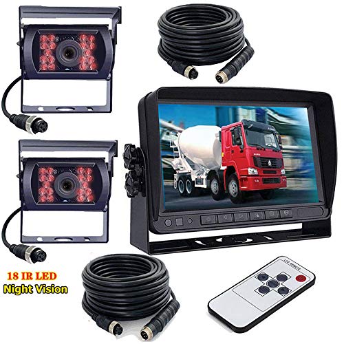 12V-24V Sistema cámara de marcha atrás vehículo, 7 Pulgadas TFT LCD HD Color Coche Monitor + 2x vehículos IR Visión Nocturna Impermeable Cámara de Visión Trasera Reversa para RV Bus Remolque,Camión