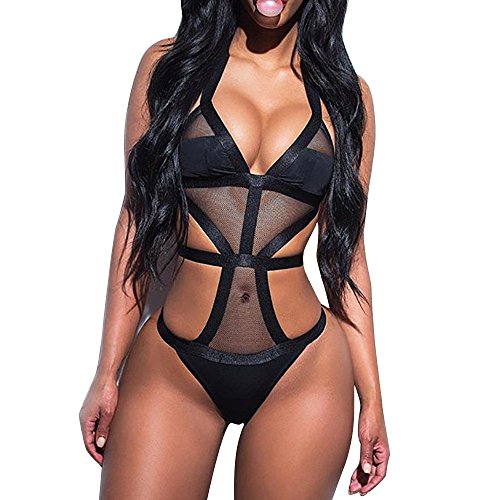 Preisvergleich Produktbild Ansenesna Reizwäsche Damen Erotik Schwarz Netz Neckholder Babydoll Frauen Strumpfhalter Leidenschaft Versuchung Catsuit (S, Schwarz)