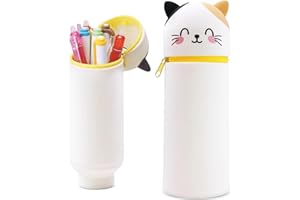 MPXEAVG Trousse Ecole 2 en 1 en Silicone Souple, Trousse Silicone Verticale, Panda Pochette de Stylo, Fermeture à Glissière, pour Fournitures Scolaires de Grande Capacité (Chat)