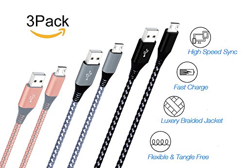 Micro cable 3Pack 1.8M, Xinfaxin Premium Nylon Braided USB Charging Cables for Samsung, LG, Motorola, Nexus, HTC,Sony, Android Devices and More (Rose Gold gray,gray white,black white) - 2