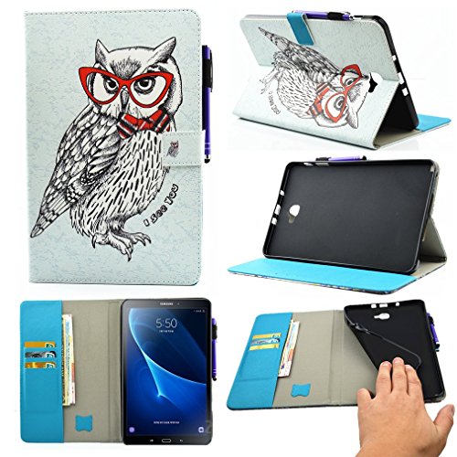 SZHTSWU® Schutzhülle für Samsung Galaxy Tab A 10.1 (2016) T580N T585N, Slim Fit Folio Case Zeichnung Drücken Bunte Muster PU Leder Tasche mit Weich TPU Silikon Innere Tablette Hülle Kunstleder Tasche Wallet Etui Lederhülle Schutzhülle Flip Schale Ledertasche mit Kartenfächern und Ständerfunktion für Samsung Galaxy Tab A (2016) T580N / T585N 25,54 cm (10,1 Zoll) Tablet-PC, Niedlich Eule