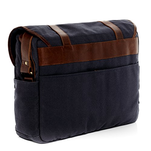 Sid   Vain Messenger Bag Chase- Umhaengetasche Gross - Notebook-Tasche Echt Canvas-Leder Blau-Braun