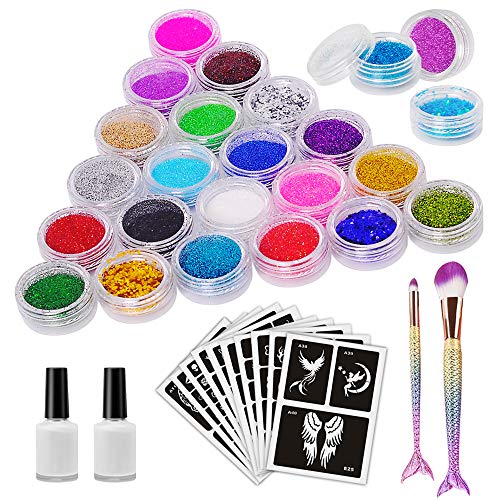 VIUME Kit Tattoo Temporanei - Glitter Tattoo per il Corpo - 24 Colori Diversi, 10 Fogli Themed Tattoo Stencil, 2 Colla e 2 Spazzole di Gel per Festa