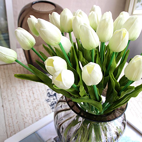 20 Stück JUYUAN-EU Tulpe künstliche Blumen mit Blätter Dekoriere Kunstblumen Latex Real Touch Bridal Wedding Bouquet Home Decor Weiss - 4