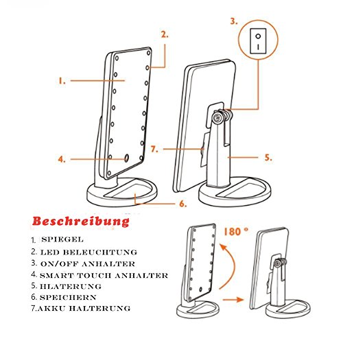 Dproptel Touchscreen 20 LED beleuchteter Kosmetikspiegel 180 frei drehbare bewegliche Make-up-Spiegel perfekt für Make-up Peeling, Badezimmer - 6