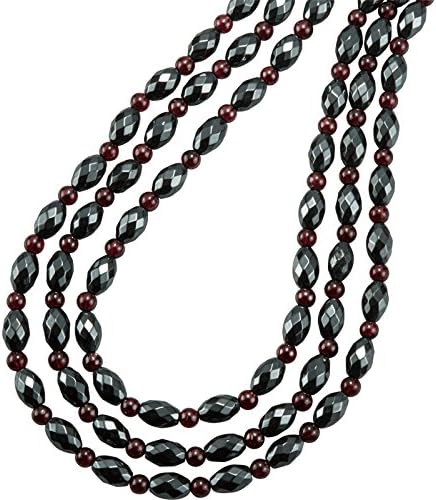 Ladies Shipton and Co Exclusive Three Row Silver and 8x6mm Oval Faceted Hematite with Small Round Garnet Beads 18 Inches Long BSS080HMGR