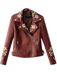 Chaqueta Corta De Motociclismo De Piel Sintética Bordado Flores Para Mujer