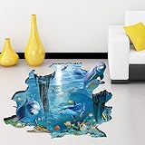 Rainbow Fox 3D Meer Wandtattoo Hai und Fische schwimmen im blauen Ozean Abnehmbarer 3D-Wandaufkleber Kunst für Kinderschmuck - 2