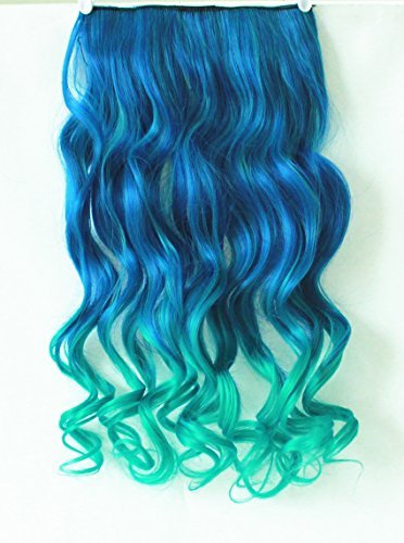 22" Ladies Women Fashion One Piece Clip in Hair Extension Long Curly Wavy Synthetic (Dark blue/light blue)