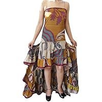 Womens Hi Low Dress Recycled Silk Printed Strapless Swirling Long Summer Beach Party Dresses Medium/Large (Tortilla Brown)