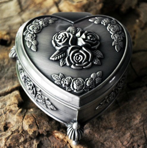 Unendlich U Luxus Prinzessin Schmuckbox mit Vintage Style Antique klein Herz und liebe Rose mit Schmuckkästchen für Damen/Mädchen,Reines Zinn-Schmuckstück,Silber - 2