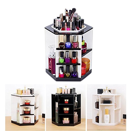 Dproptel 360 Grad Drehbarer Kosmetikorganizer Make Up Organizer Einstellbarer Multifunktionale Aufbewahrungsbox für Schminktisch Aufbwahrung (weiß+schwarz)