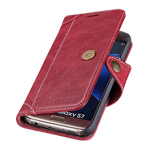 Funda Galaxy S7  Lensun Funda de Cuero Genuino con Cartera para Tarjetas y Cierre Magnetico para Samsung Galaxy S7 5 1  - Rojo Vino  S7-GT-WR 