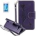 Produktbild ISENPENK Samsung Galaxy J5(2015)/J500F/J5 Duos Flip Case,Original Flip Bookstyle Cover Wasserdicht Shockproof Anti Slip Protection Multifunktions Leather Case Wallet Hülle,Mädchen Vögel und Katze Print Muster Pattern Wallet Case mit Intern Karte Schlitz,Anti-Sturz Stoßfest Stoßdämpfend Triangle Hemming Wallet Tasche,Magnetic Closure Schutzhülle mit Standfunktion Handy Gürtel für Samsung Galaxy J5(2015)/J500F 5.0Zoll-[lila]+Panzerglas/Schutzfolie/Displayschutzfolie