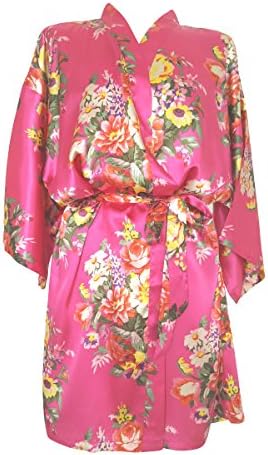 Bride Dressing Gown Bridesmaids Bridal Party Hen Satin Pretty Floral Kimonos (cerise)