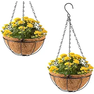 FarmsTool Flower Hanging Brown 8 Inch Coir Garden Flower Basket with Metal Chain for Balcony - 2 Pieces