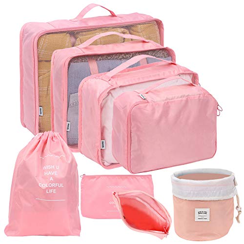 Lot de 8 Sacs de Rangement de Voyage étanches et Portables pour Bagages, Rose
