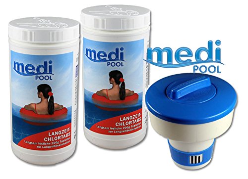 mediPOOL 505601MP Langzeit ChlorTabs 200g, 2 x 1KG, Chlor Langzeittabletten und Dosierschwimmer für 200gr. Tabletten