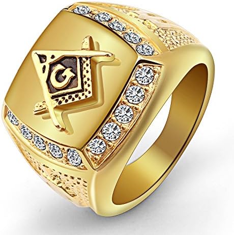 Men Stainless Steel Religious Freemason Masonic Ring with Diamond,Gold