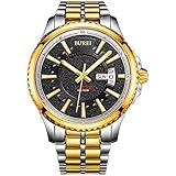 Burei Herren Analog Chronograph Quarz Armbanduhr Fashion Gold Klassisches Zifferblatt mit Datum zweifarbig Edelstahl Armband