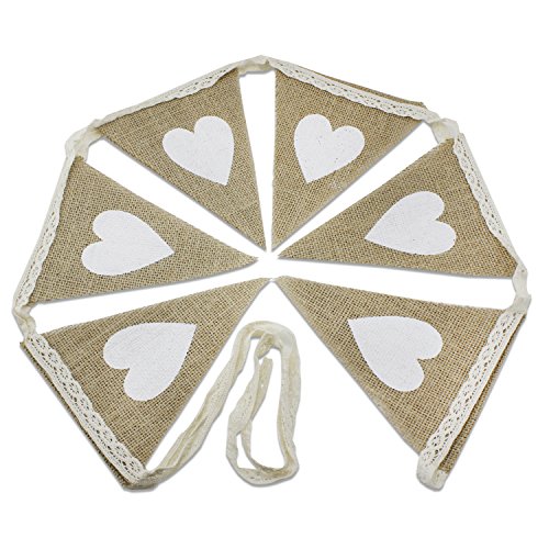 PsmGoods® Weinlese-Herz Jute Sackleinen hessischen Bunting Banner Flag für Hochzeitsfest-Dekoration-weiße Spitze 3m