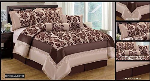 Kelly 7 Piece Damask Flock Quilted Bedspread Comforter Complete Bedding Duvet Set - Double &amp; King Size (King Bed Size, Kelly Cream Brown)