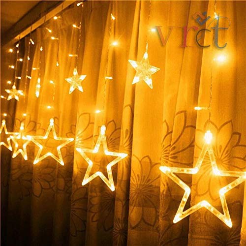 VRCT 138 LED 12 Stars Plastic Star Curtain String Lights with 8 Modes Hanging for Decoration (Warm White)