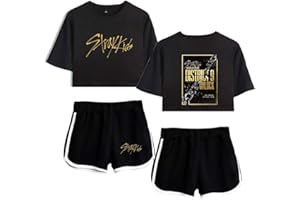 Flyself Girls Kpop Stray Kids Crop Top T-Shirt Shorts Set Printed Tracksuits Casual Summer Short Sleeve Crop Tops and Shorts Set for Womens Mens