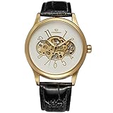 Gute Elegante Vintage Unisex Mechanische Armbanduhr aufziehbar Golden Weiß Zifferblatt Skelett PU