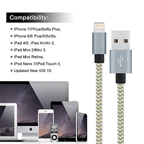 PeziMu iPhone Kabel Nylon, Geflochtenen USB Kabel für iPhone7 / 7plus / 6s / 6 plus, iPhone SE, iPhone 5s 5c 5, iPad, iPod – (1+2+3)M (Grau gold) - 6