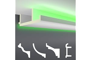 Perfiles de estuco HEXIM LED paquetes de ahorro - Iluminación indirecta con embellecedor de techo de PU, ligero y opaco- (4m LED-16) Accesorios de pared decorativos