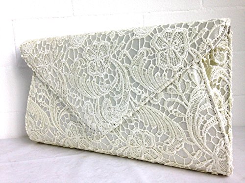 Stylla Womens Satin Lace Floral Prom Wedding Evening bag clutch (Envelop White)