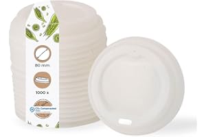 BIOZOYG Tapa de Taza para café To Go Ø 80mm I 1000 Tapa para tazas de cartón hechas de CPLA bioplástico 100% biodegradable, compostable, reciclable I Tapa Plana Blanca con agujero para beber
