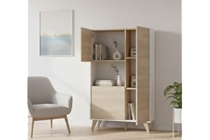 Dmora - Credenza Boario, Buffet alto da soggiorno, Madia moderna da salotto a 3 ante, 81x43h135 cm, Rovere e Bianco