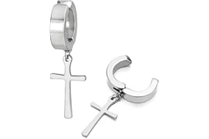 COOLSTEELANDBEYOND Annata Clip-on Orecchini a Cerchio con Croce, Orecchini da Uomo Donna, Acciaio Inossidabile