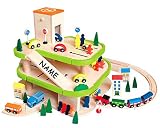 Auto Garage / Parkhaus – mit 3 Ebenen aus Holz – incl. Auto + Figuren – Autos – Holzeisenbahn / Eisenbahn – passend mit Schienensystem – paßt zu allen gängigen Schienen – Holzgarage Eisenbahnschienen / Schienen Autogarage – Parkgarage - 3
