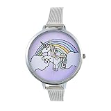 Souarts Damen Armbanduhr Einfach Mesh Metallarmband Flamingo Ananas Regenbogen Casual Analoge Quarz Uhr Silber Farbe Mädchen Uhr