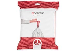 Brabantia PerfectFit Bin Liners Size J (23 Litre), White,115608 Thick Plastic Trash Bags with Tie Tape Drawstring Handles (40 Bag)