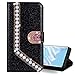 Produktbild Nadoli Leder Hülle für Galaxy A7 2018,Luxus Bling Glitzer Diamant 3D Handyhülle im Brieftasche-Stil Perle Herz Flip Schutzhülle Etui für Samsung Galaxy A7 2018,Schwarz