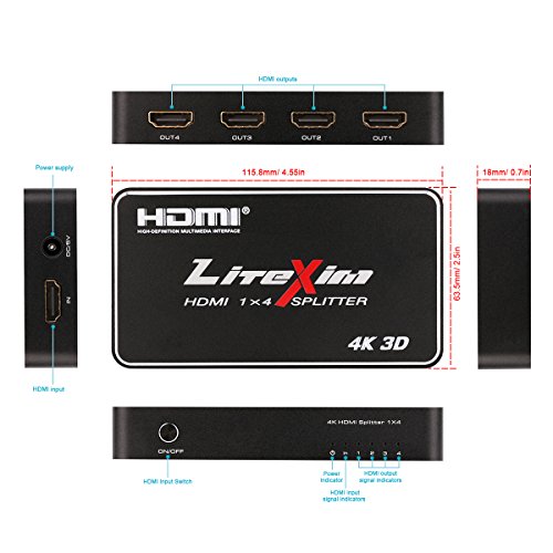 HDMI Splitter, LiteXim 1×4 HDMI Splitter Ver1.4 Powered HDMI Splitter Amplifier 1 In 4 Out Signal Distributor Certified for 4k x 2K@30Hz & 3D Support - 4